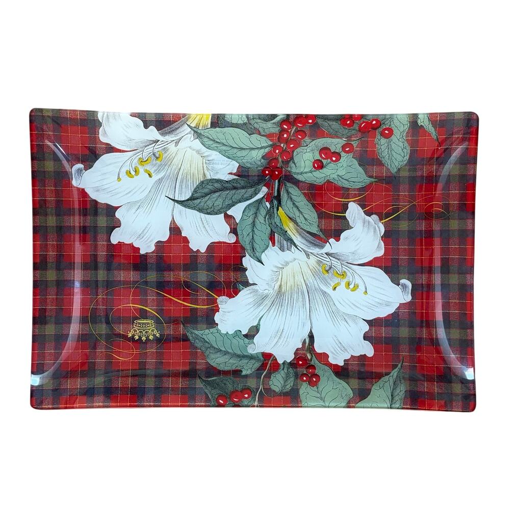 Festive Christmas tray red plaid glass white poinsettia decorative holiday party